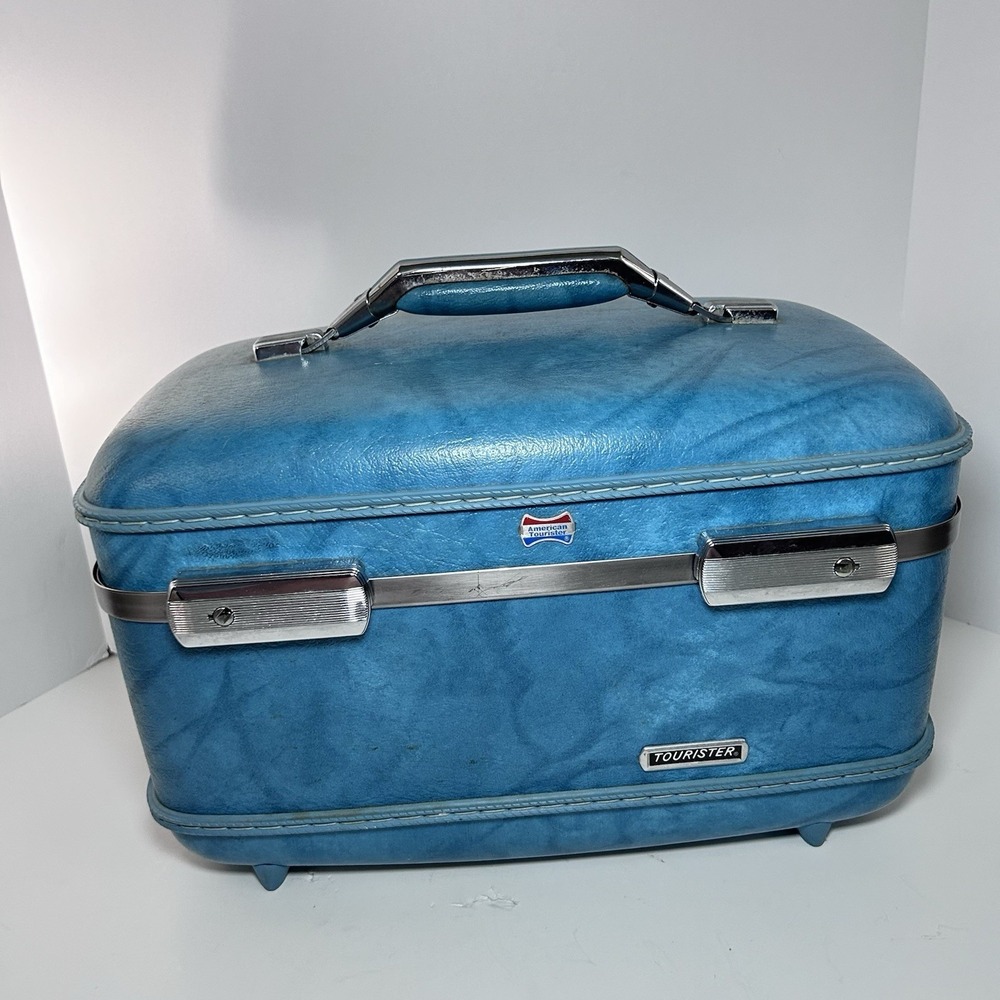 Vintage American Tourister Train Case Cosmetic Light Blue Marble Hard Suitcase